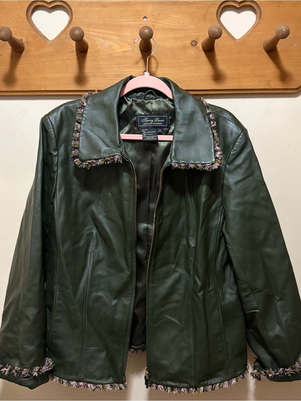Terry Lewis Genuine Leather Jacket 1X Dark Green Fringe Trim Y2K Vintage Style